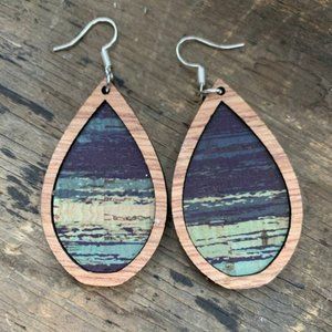Wood Teardrop Earrings with Blue and Green Brush Strokes